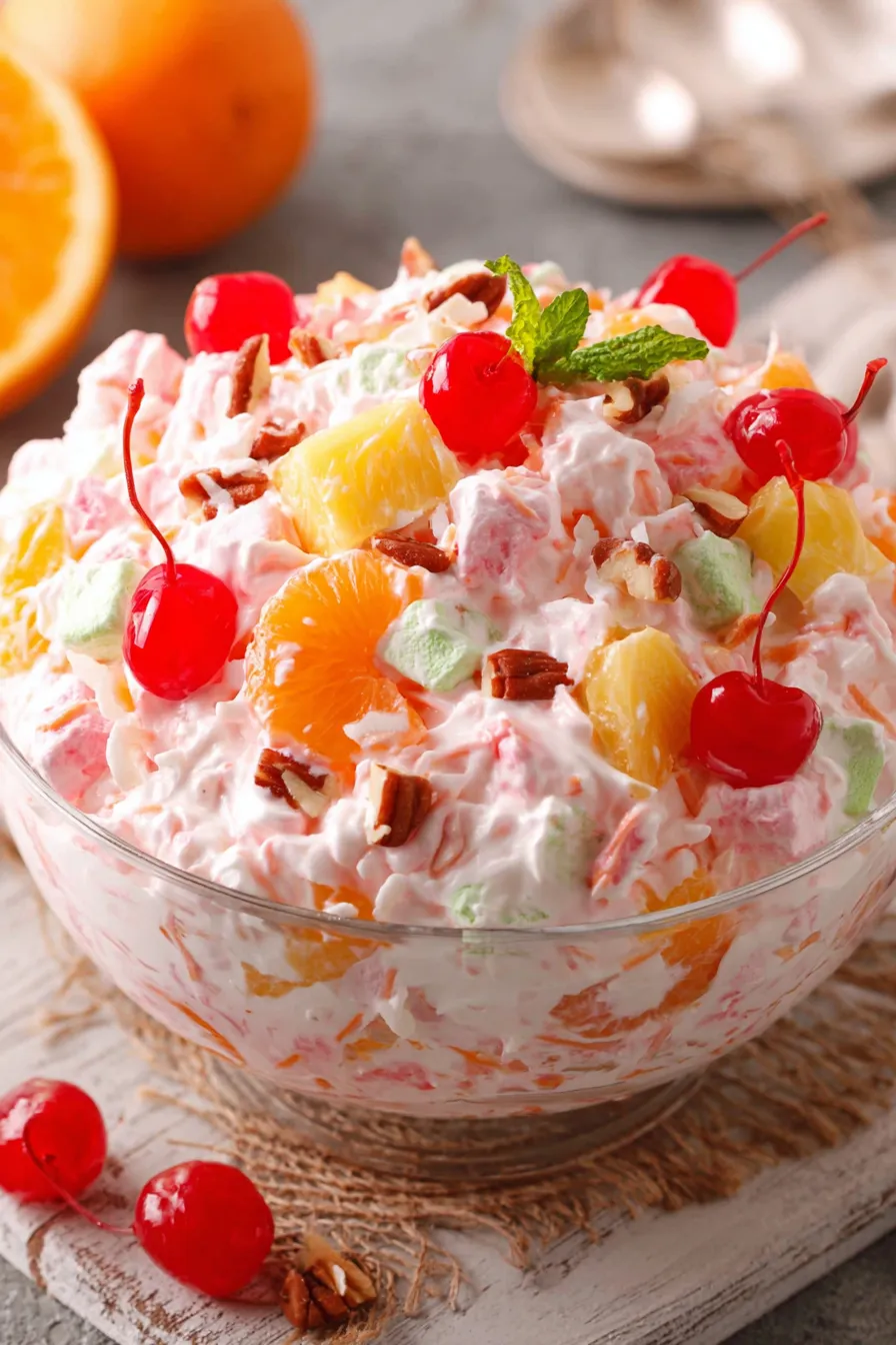 Close-up of Ambrosia Salad with coconut and cherries