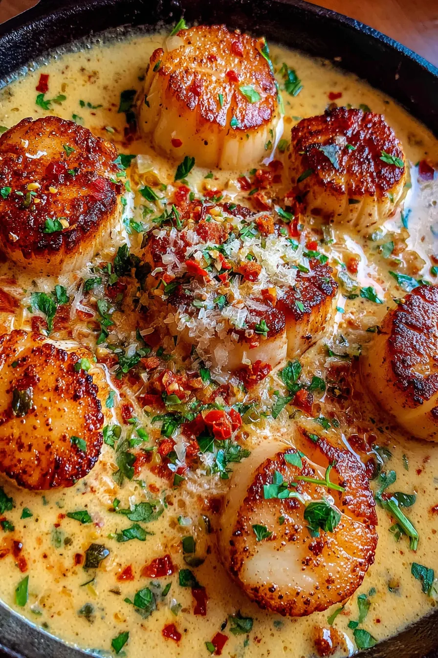 Golden seared scallops in Cajun cream