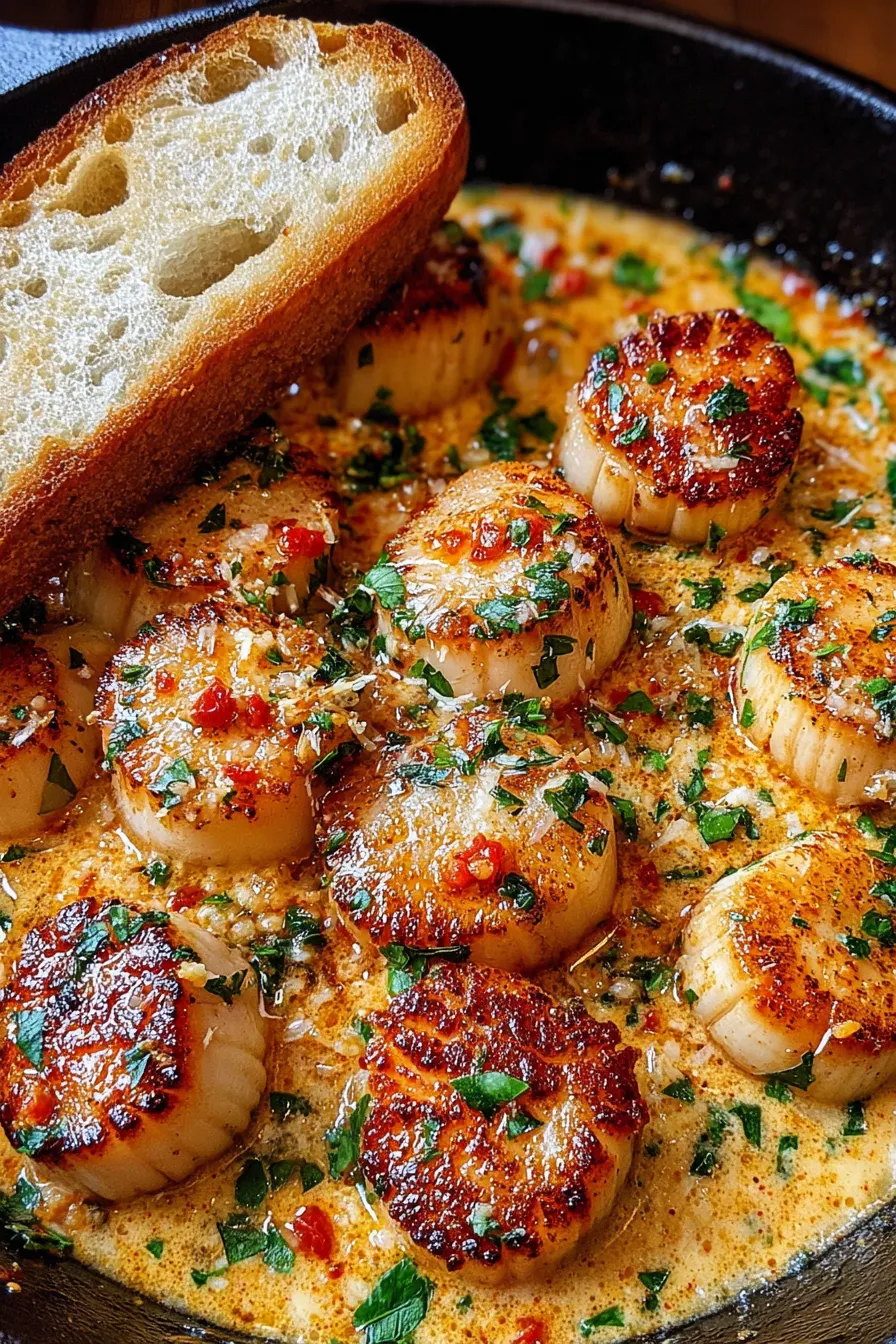 Plated scallops with parsley garnish