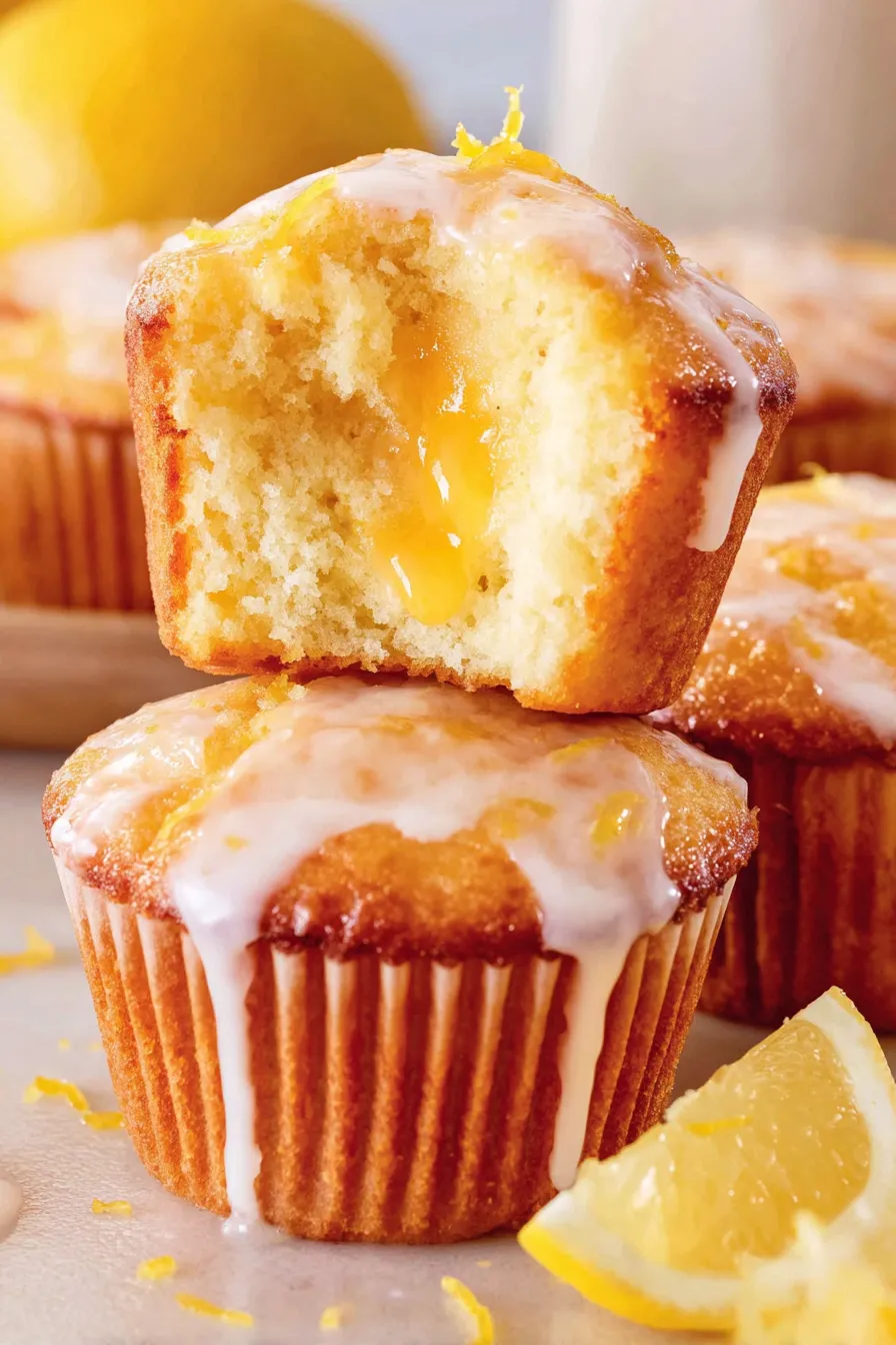 Freshly baked lemon curd muffins in a muffin tin