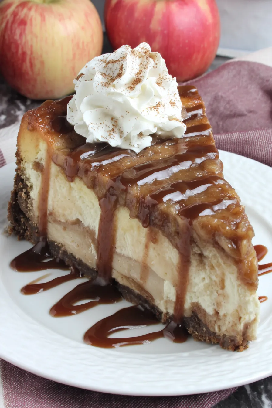 Sliced apple butter cheesecake on a serving plate
