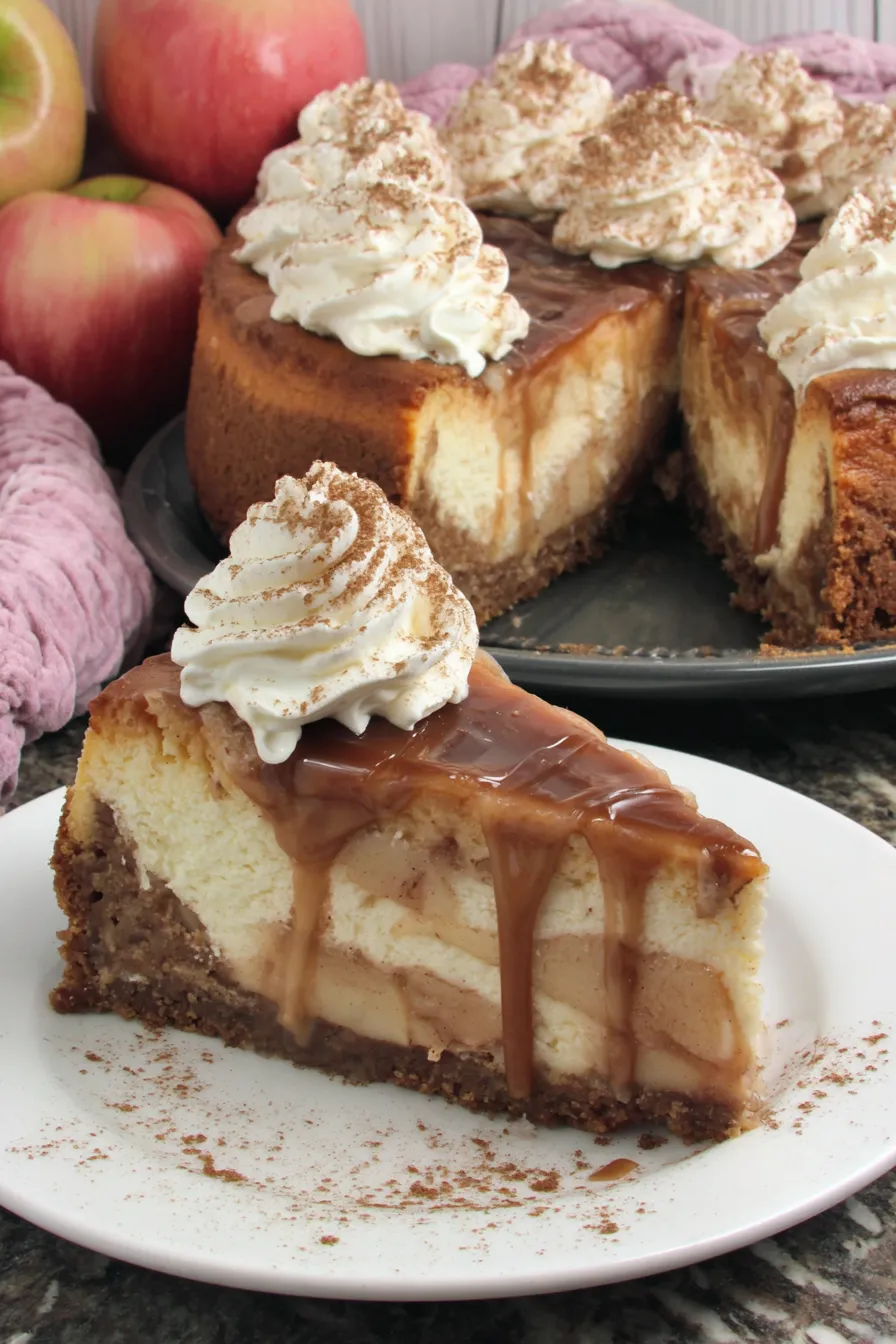 Apple butter being swirled into cheesecake filling
