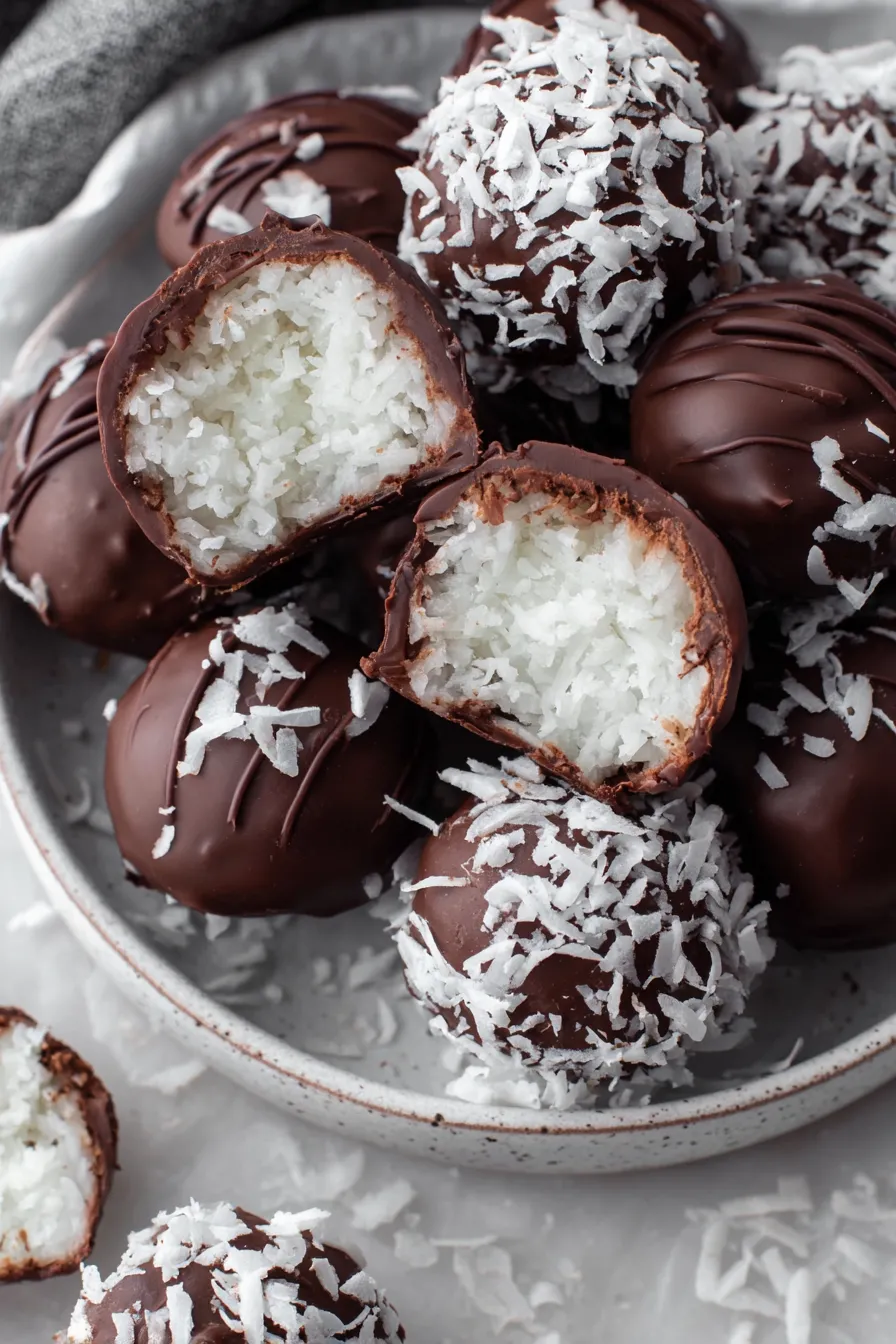 Chocolate covered coconut balls on parchment
