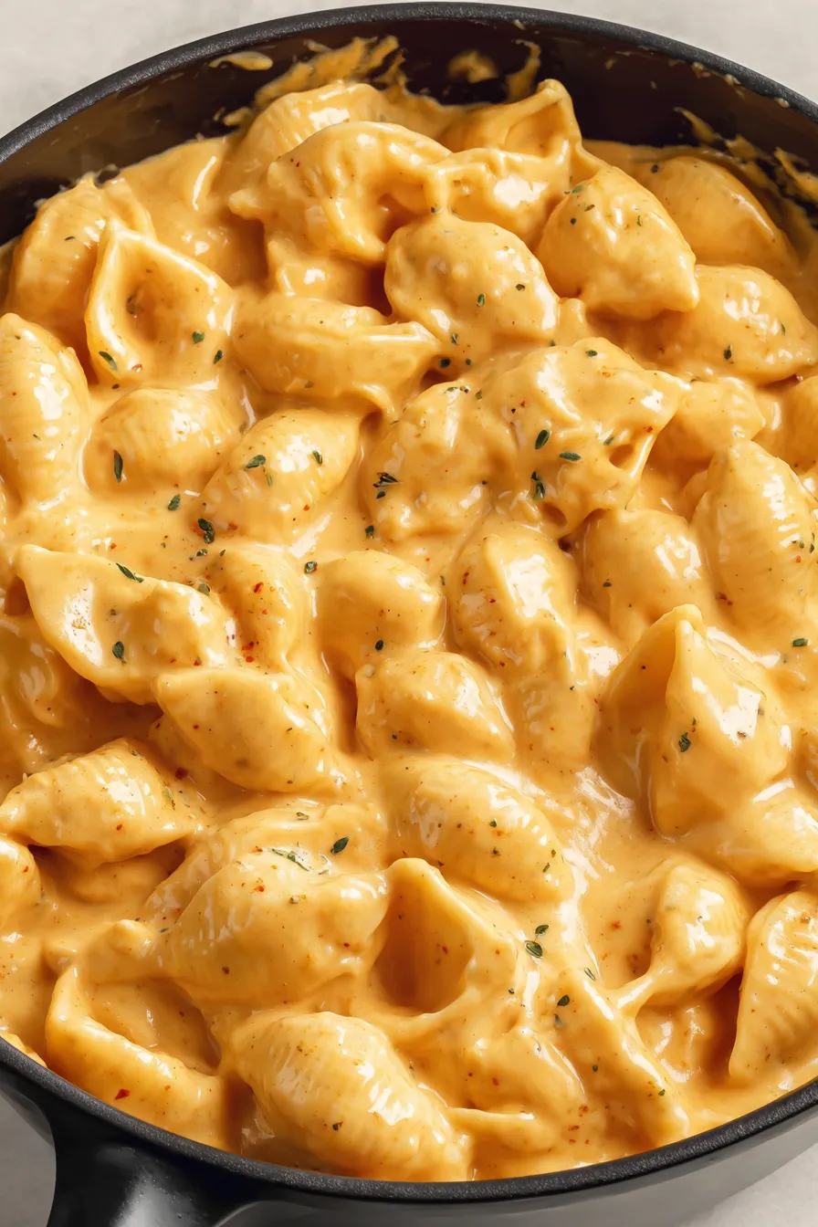 Cheesy Velveeta and Shells cooking in a pot