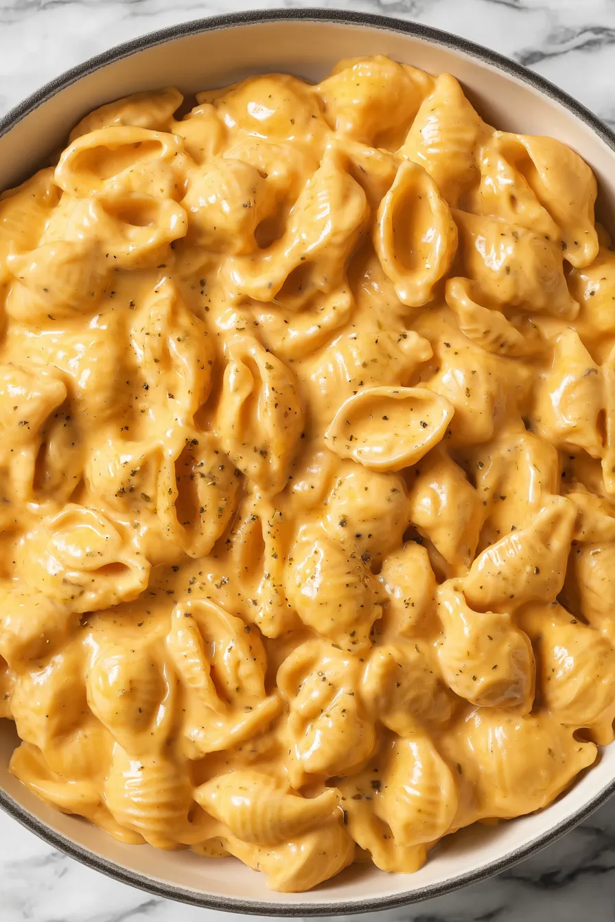 Creamy shell pasta served in a bowl