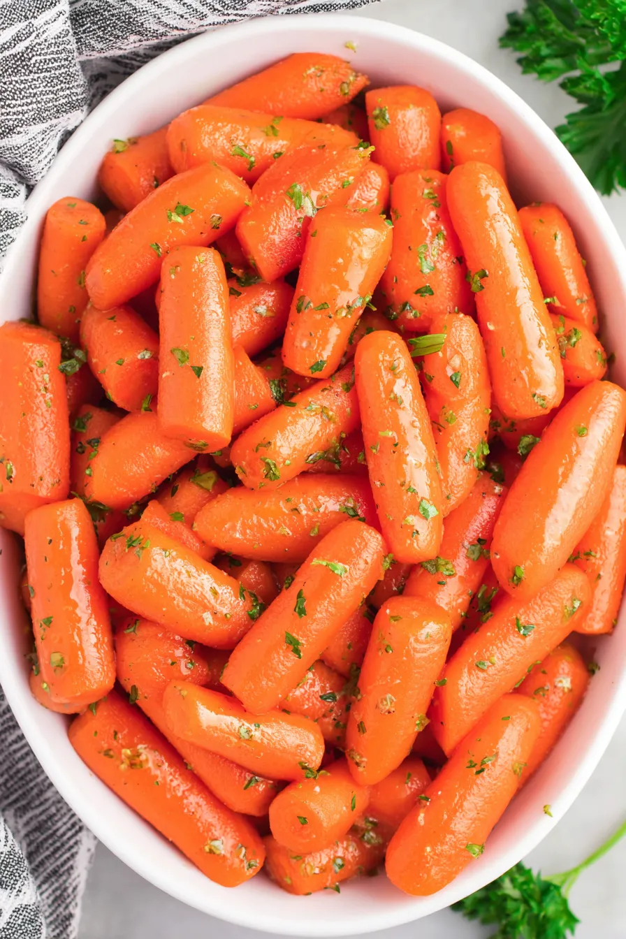 Close up of glazed crockpot carrots on a plate