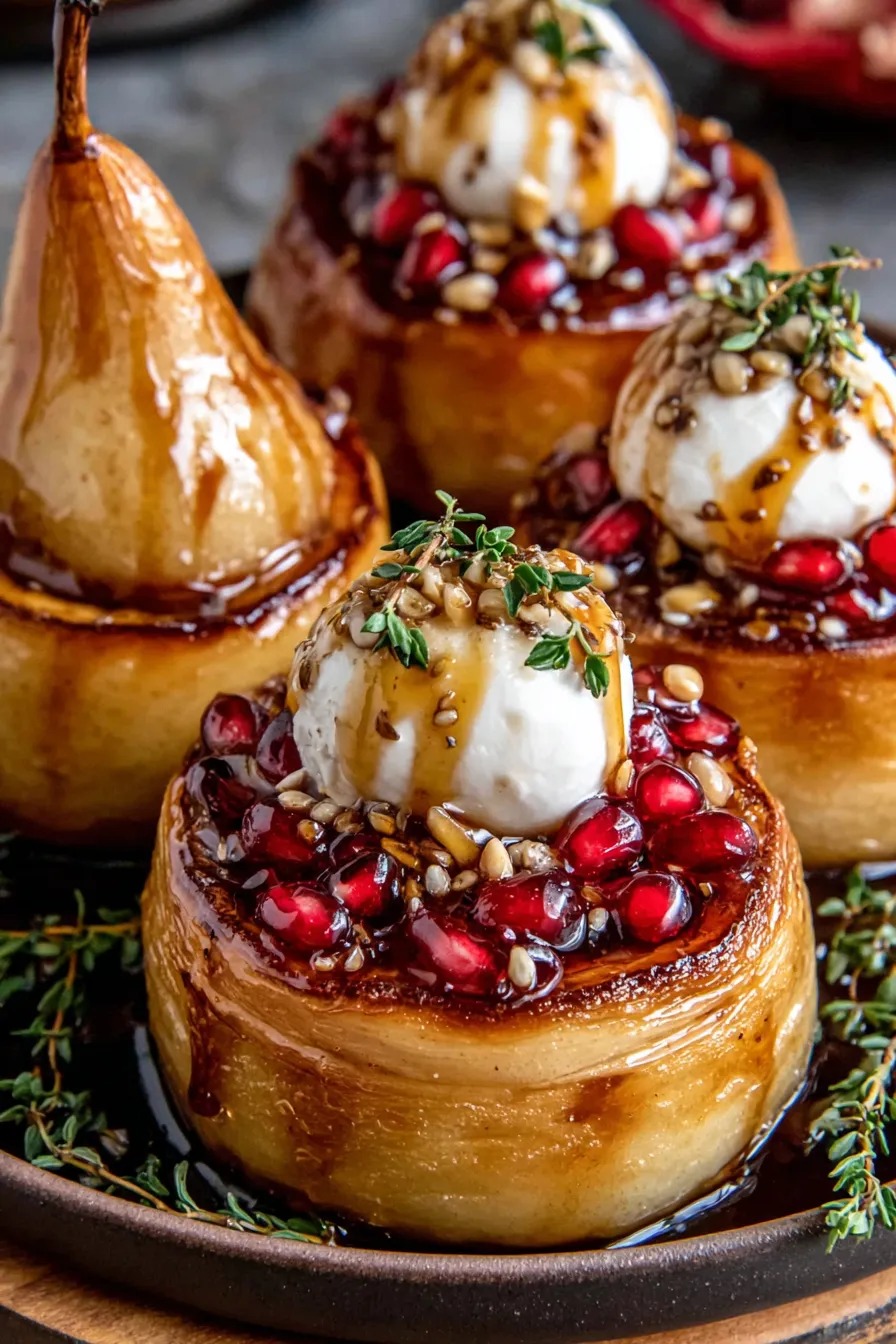 Poached pears and caramel in pan