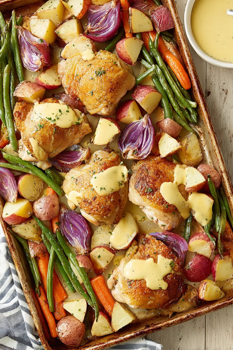 Sheet pan honey mustard chicken fresh from oven