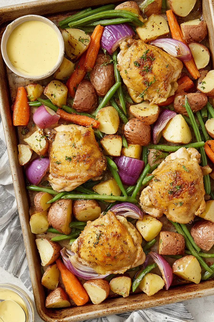 Close-up of honey mustard glazed chicken and roasted vegetables