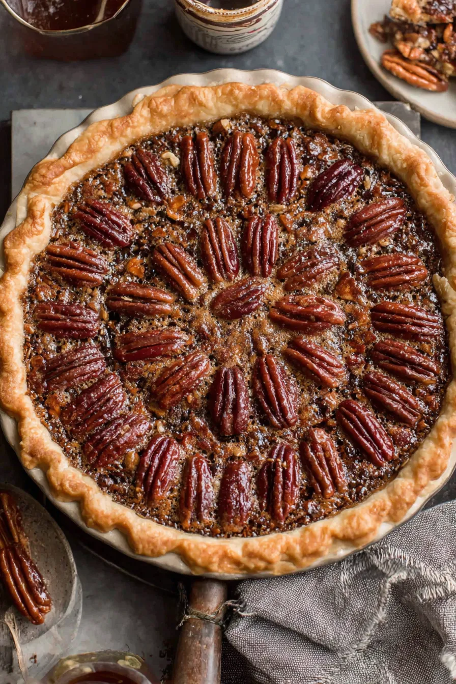 Top view of pecan pie with whole pecans arranged in concentric circles