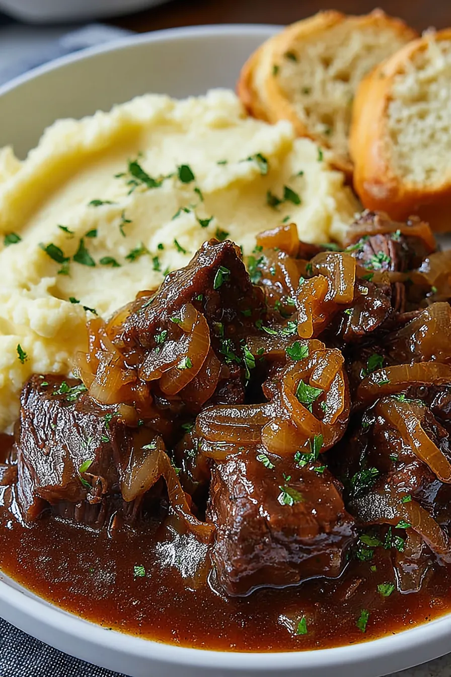 Braising pot roast in slow cooker with onions
