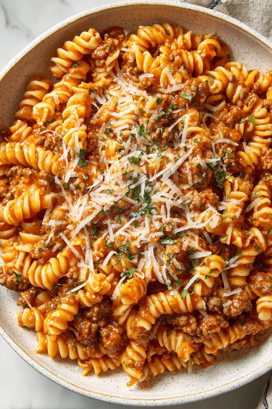 One-pot rotini with melted mozzarella