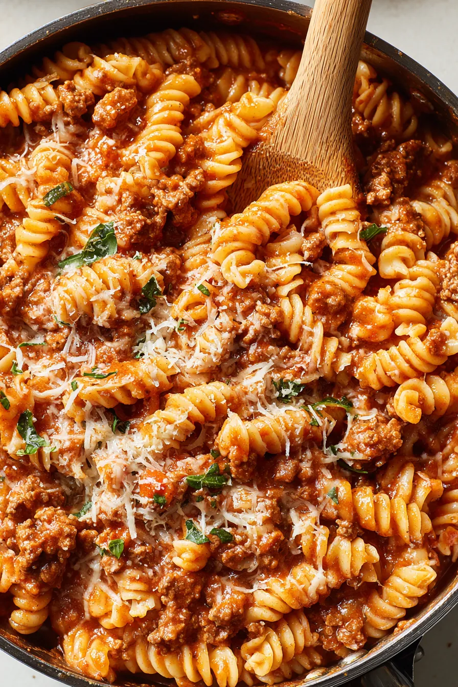 Serving bowl of rotini with basil