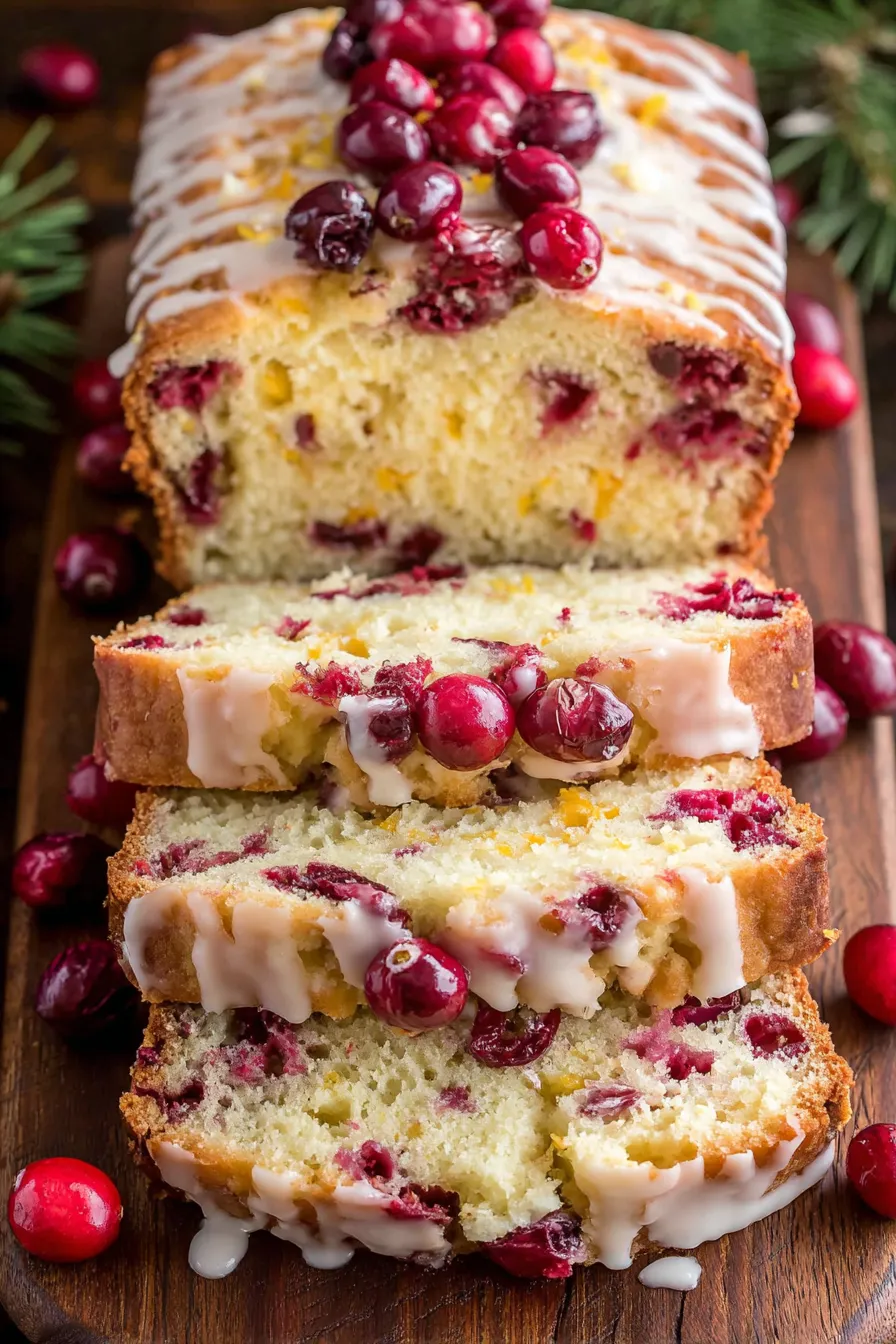 Sliced cranberry orange loaf served on a wooden board