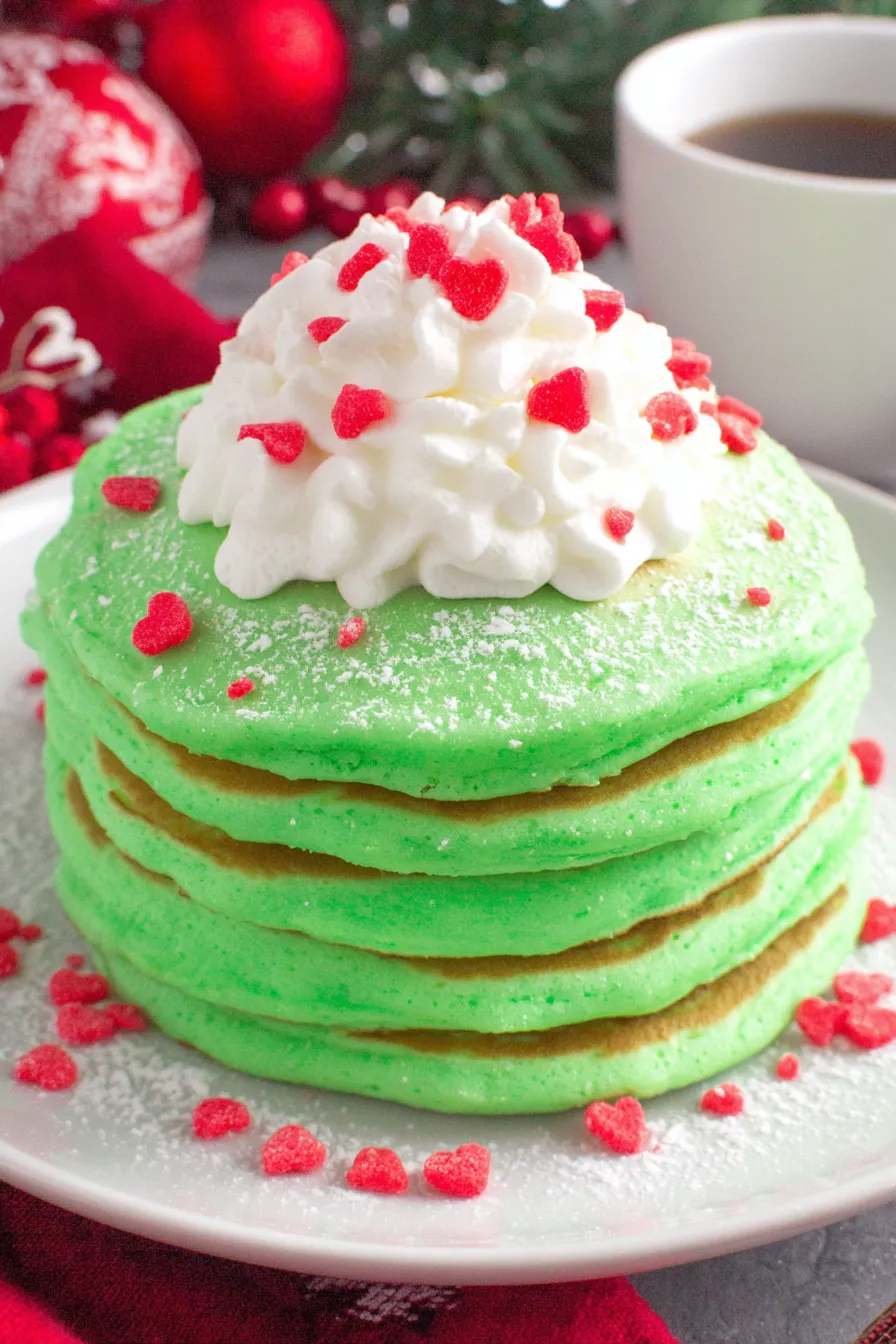 Stack of green Grinch pancakes drizzled with cream cheese frosting