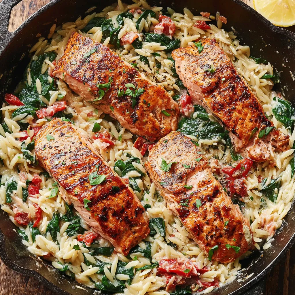 Pan-Seared Salmon with Creamy Spinach Orzo