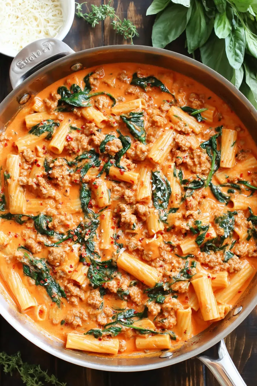 Creamy sausage rigatoni bubbling in a skillet