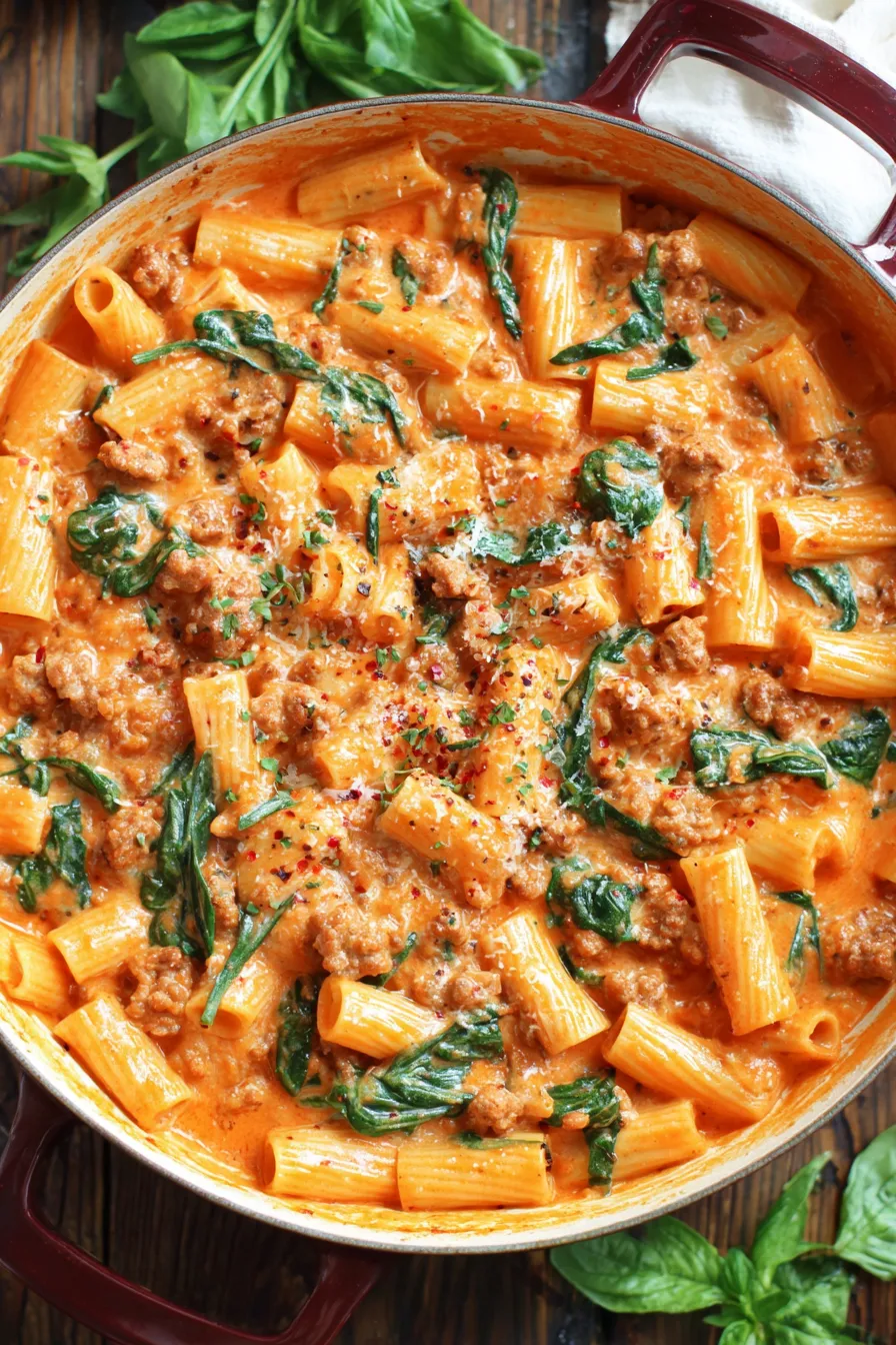 Rigatoni with creamy tomato sauce and wilted spinach