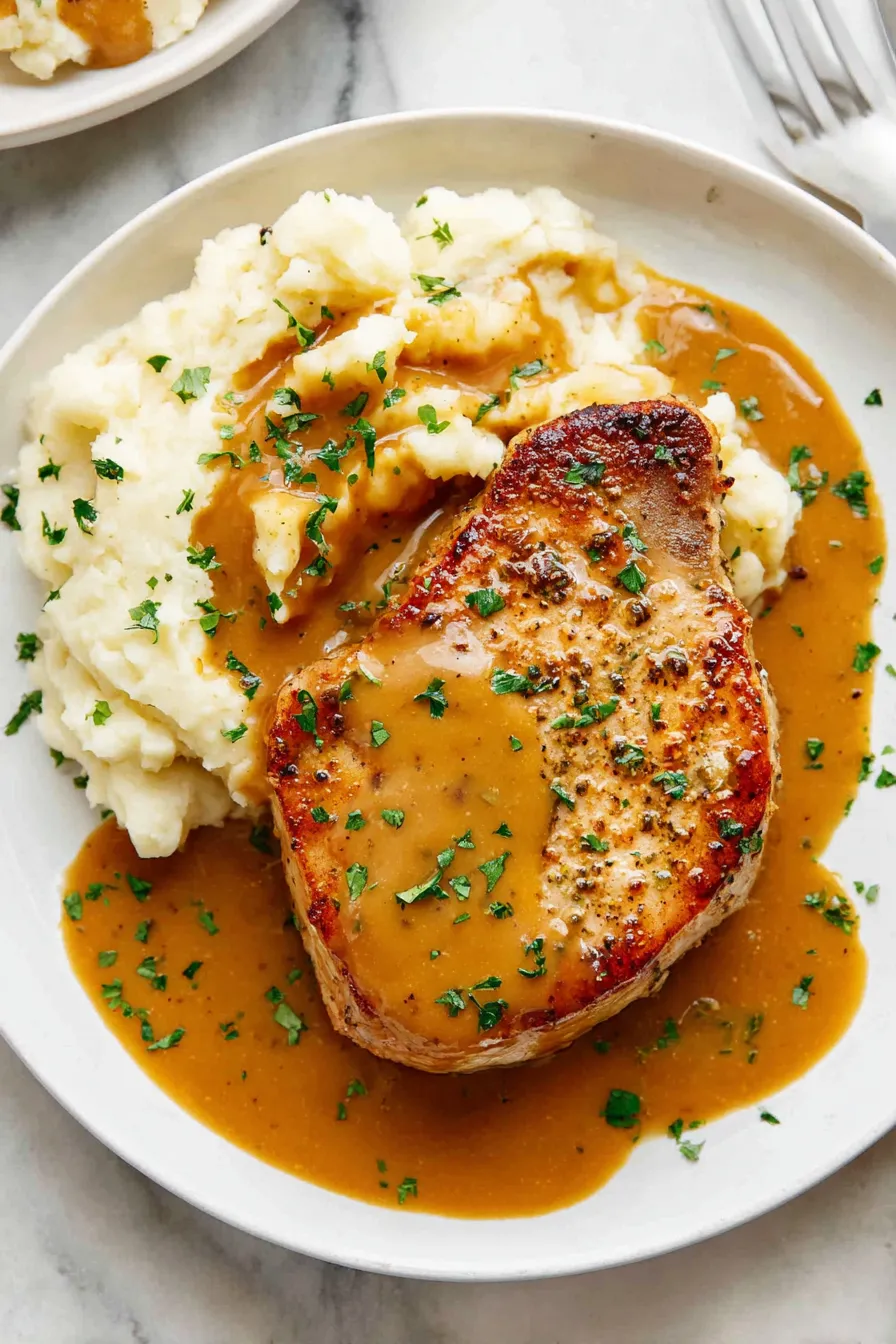 Seared pork chops in honey mustard sauce