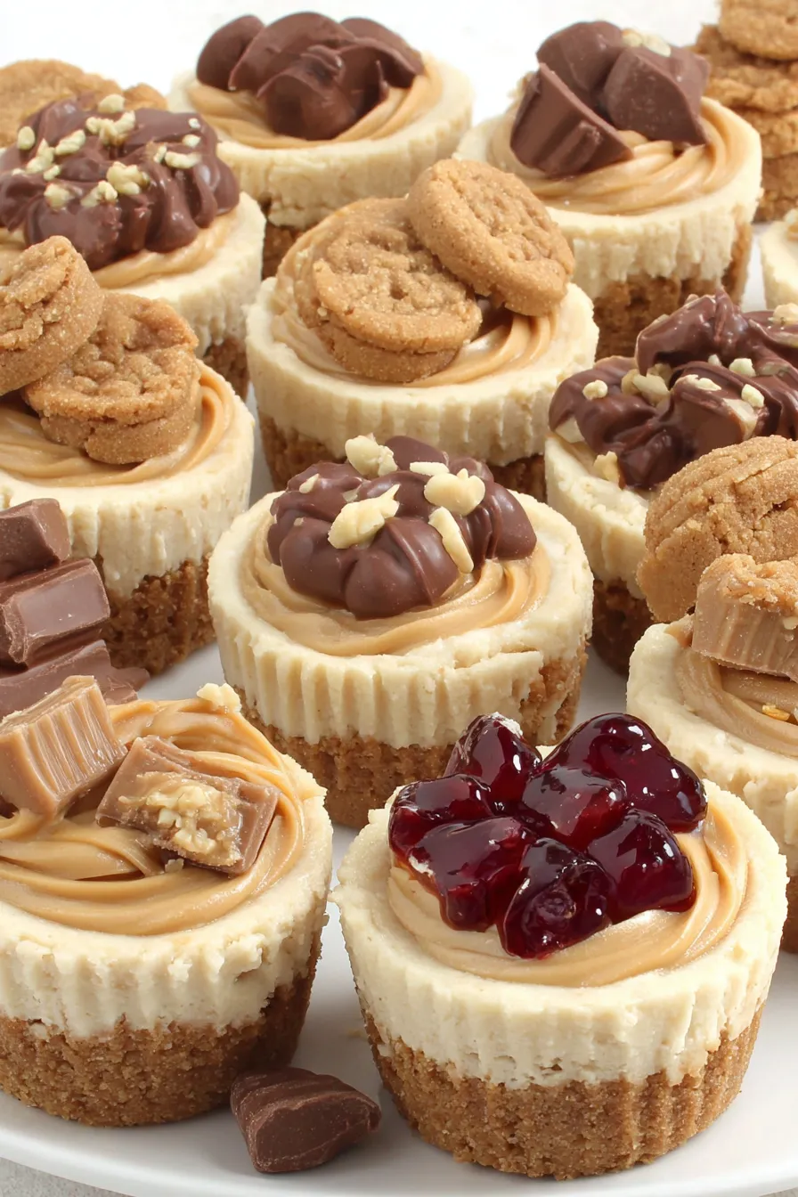 Finished mini peanut butter cheesecakes on a serving plate