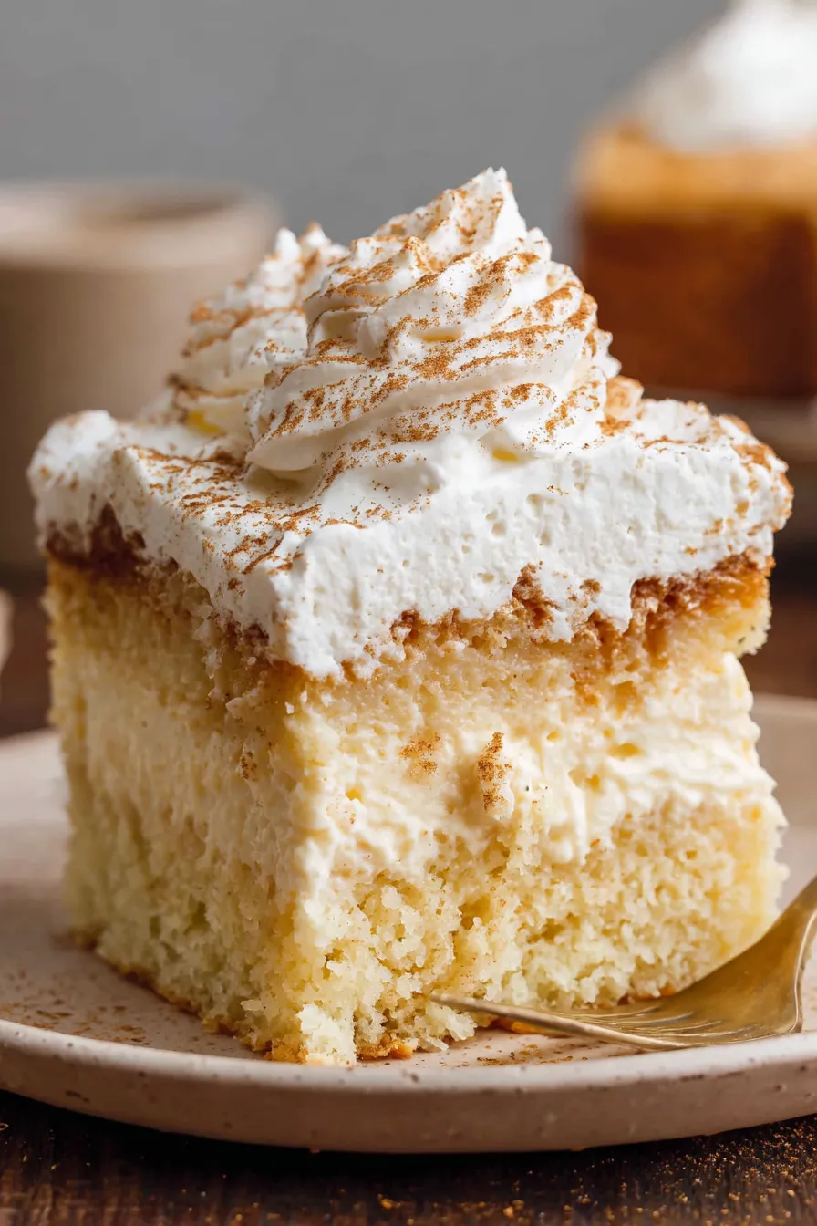 Eggnog poke cake being poured with pudding