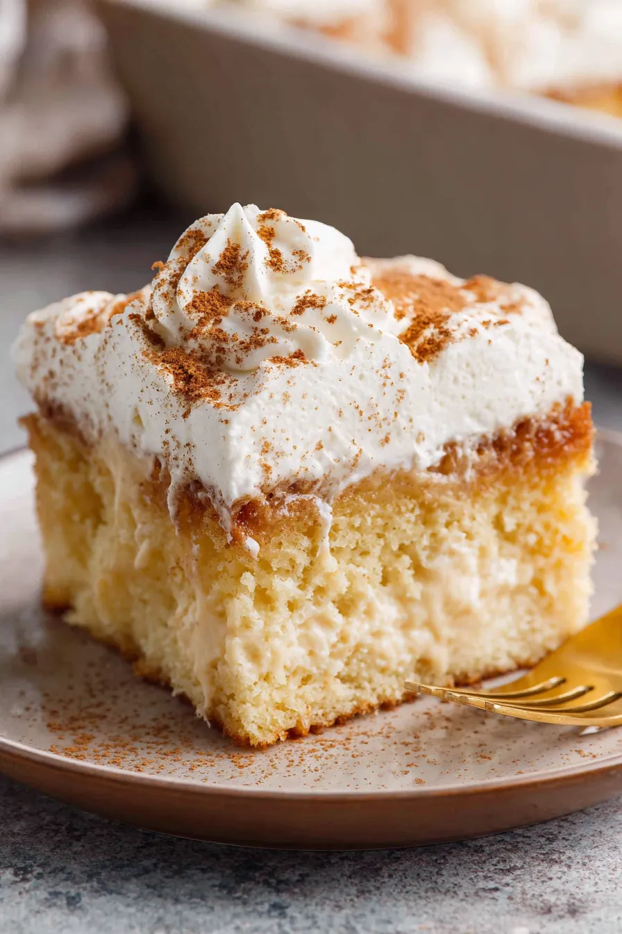 Finished eggnog poke cake dusted with nutmeg