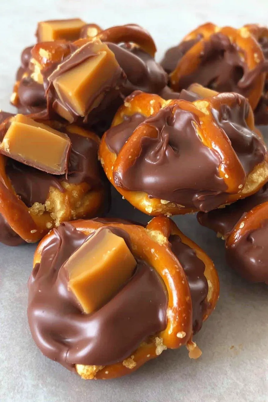 Snickers pretzel bites on parchment