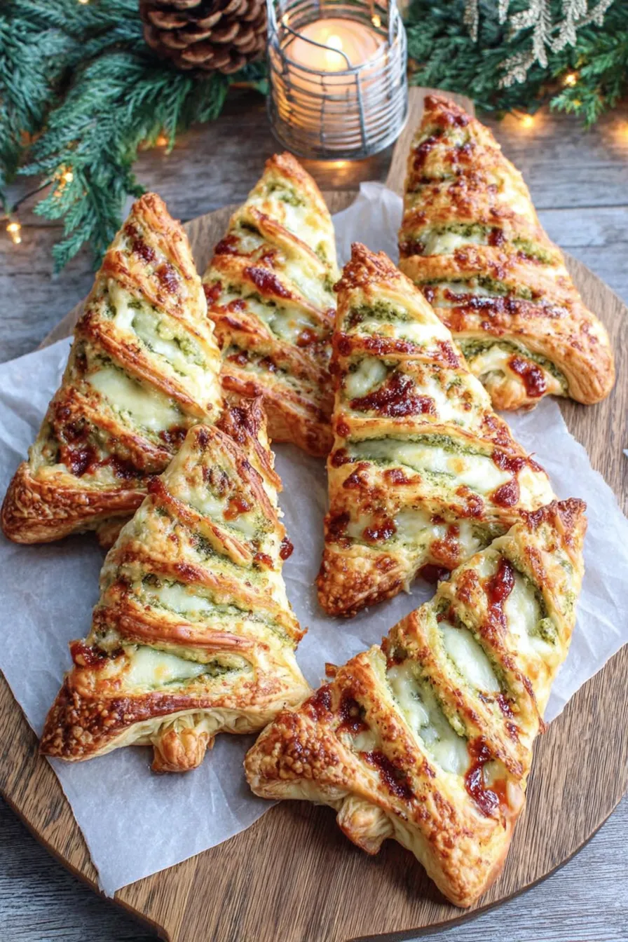 Pesto puff pastry Christmas trees on a baking tray