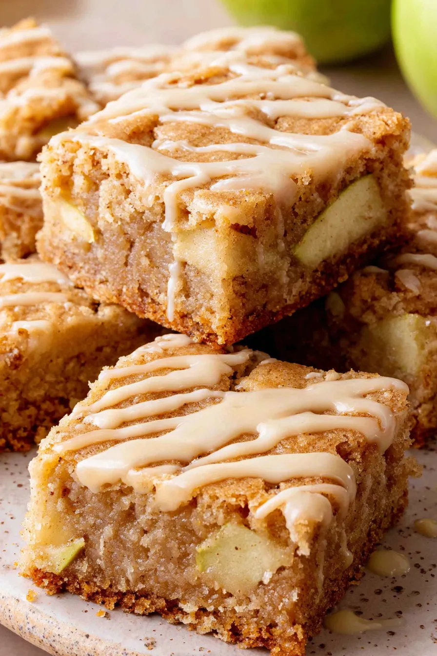 Sliced apple blondies with maple glaze on plate