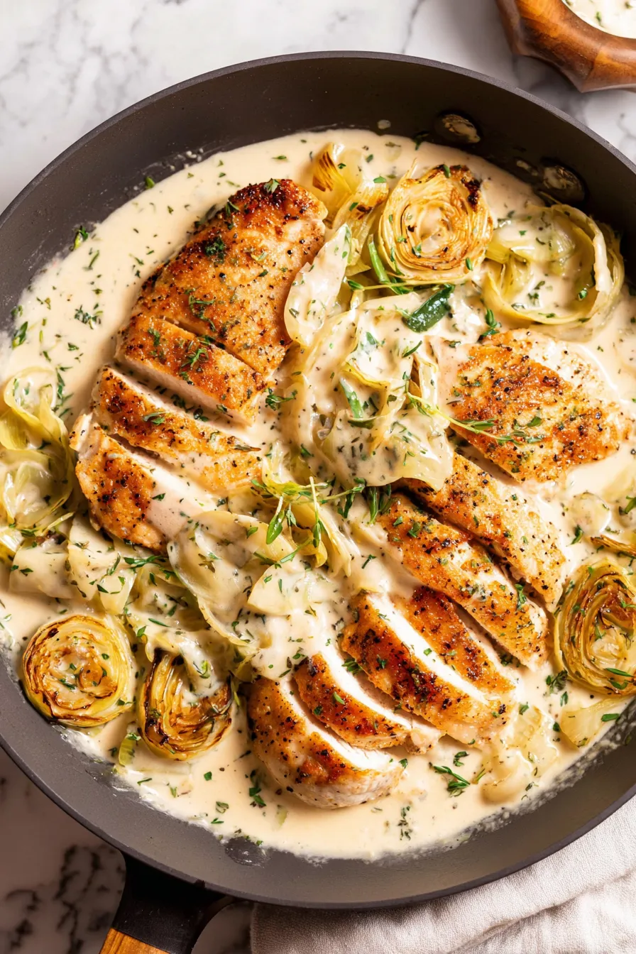 Pan-seared chicken with creamy leek sauce in a skillet