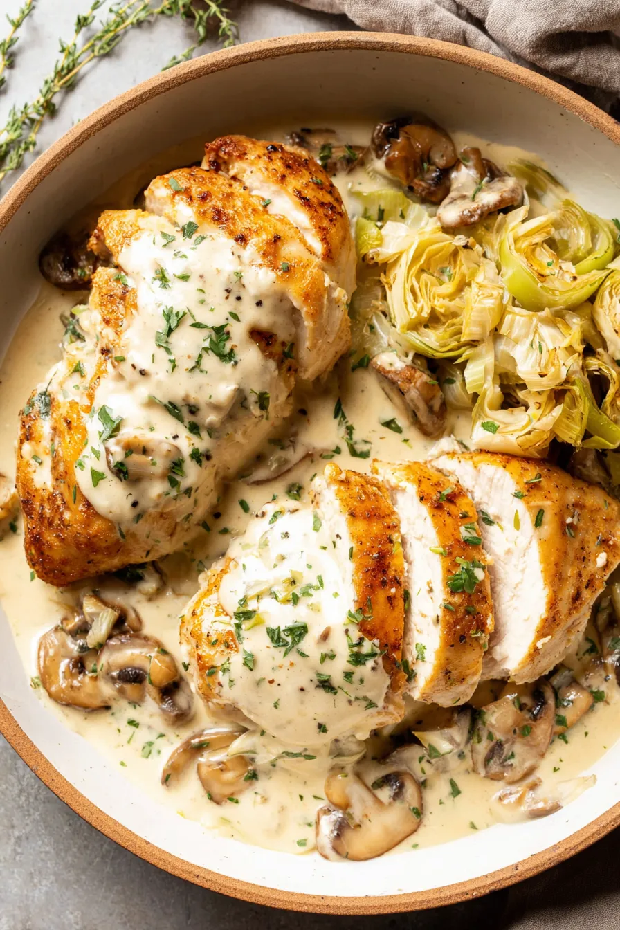 Close-up of creamy leek sauce coating chicken
