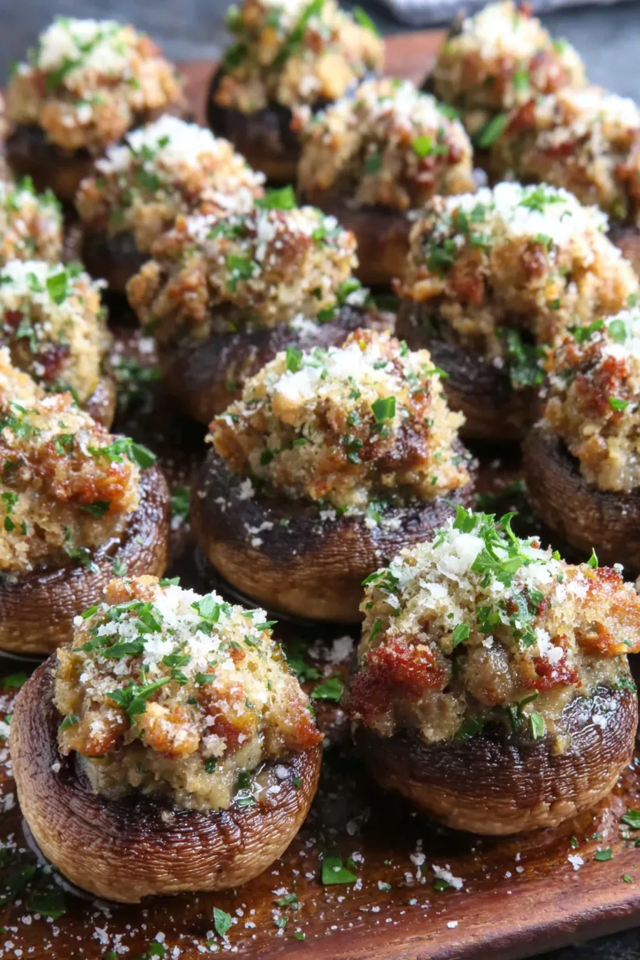 Sausage stuffed mushrooms on a baking sheet