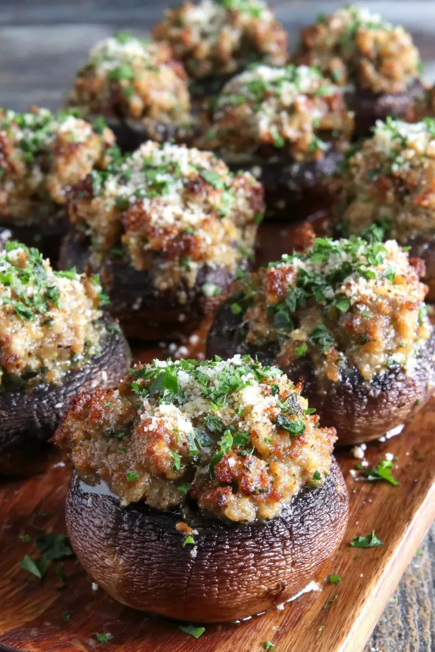 Close up of a stuffed mushroom with melted Parmesan