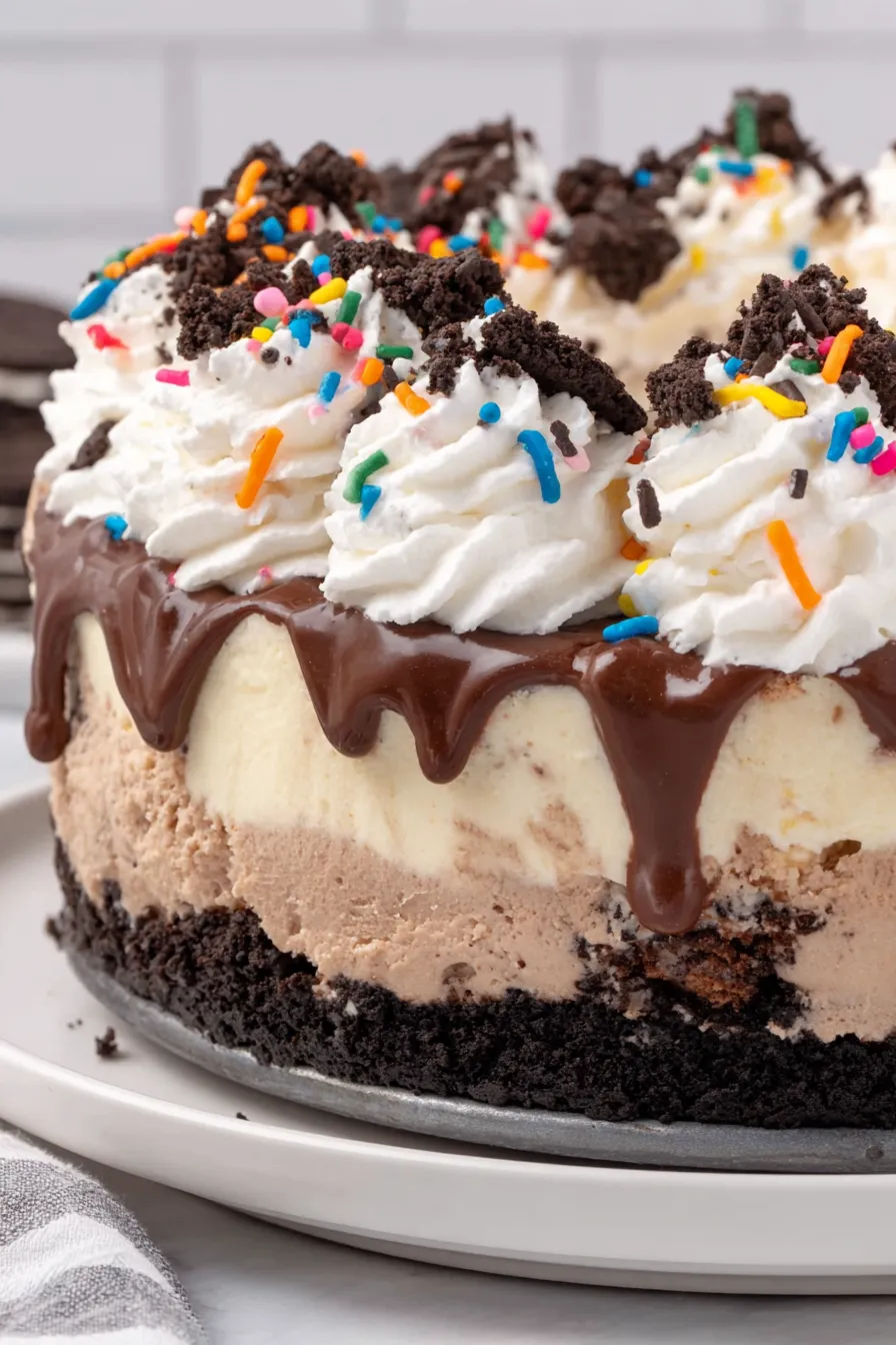 Ice cream cake on a platter with whipped frosting