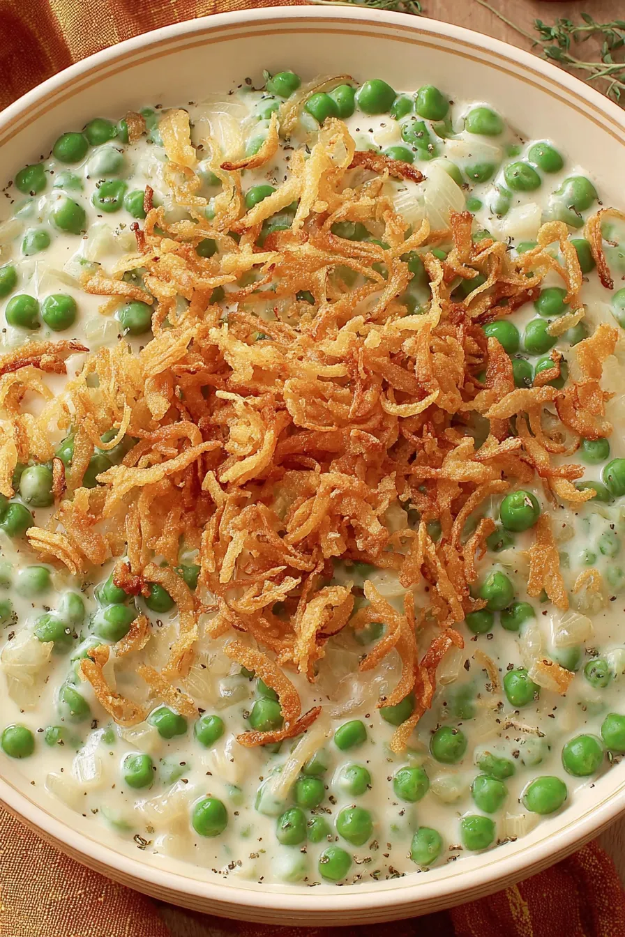 Creamed peas finished with crispy fried onions in a white bowl