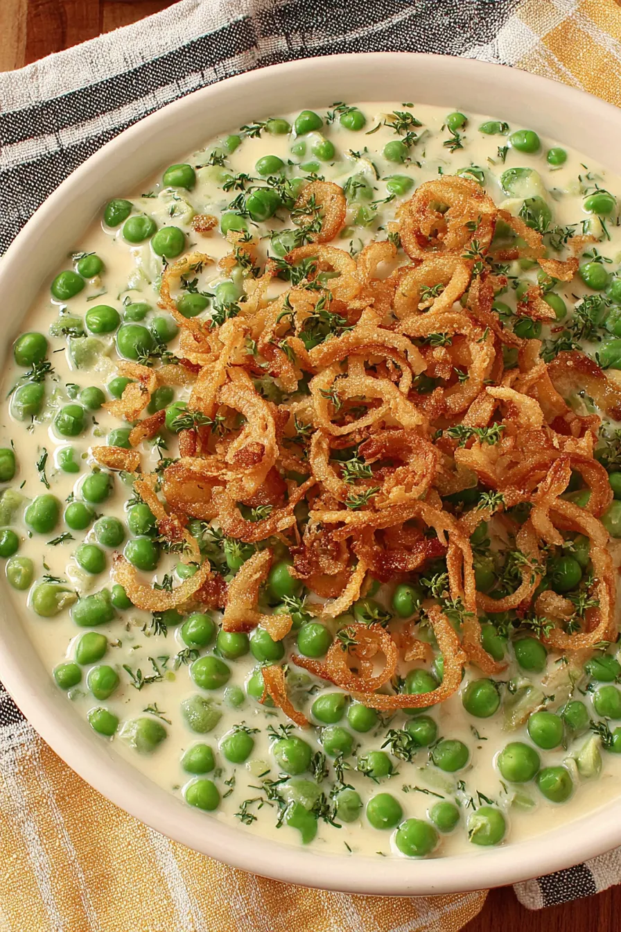 Close up of green peas in a creamy sauce