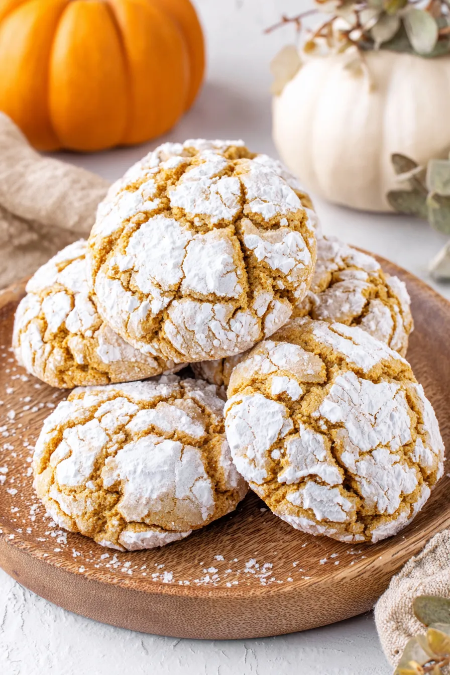Tray of baked pumpkin crinkle cookies cooling on rack