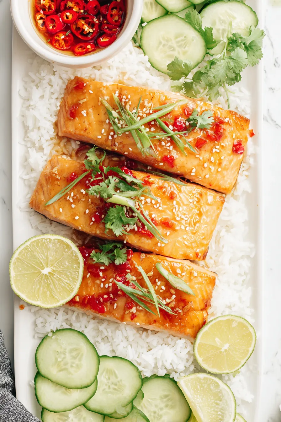 Sweet chili salmon on baking sheet with lime and herbs