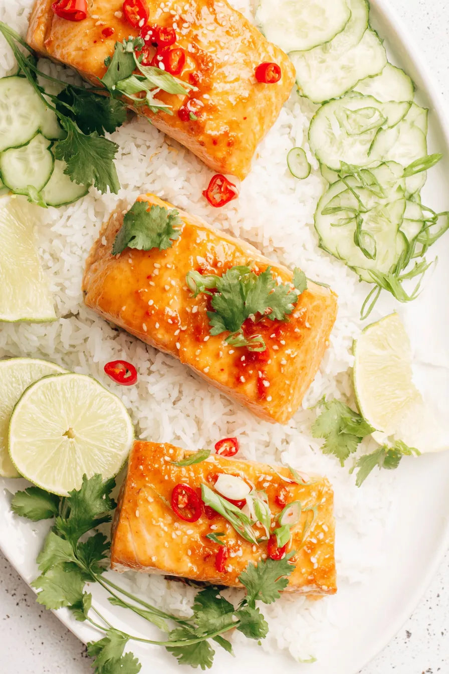 Plated sweet chili salmon with rice and cilantro