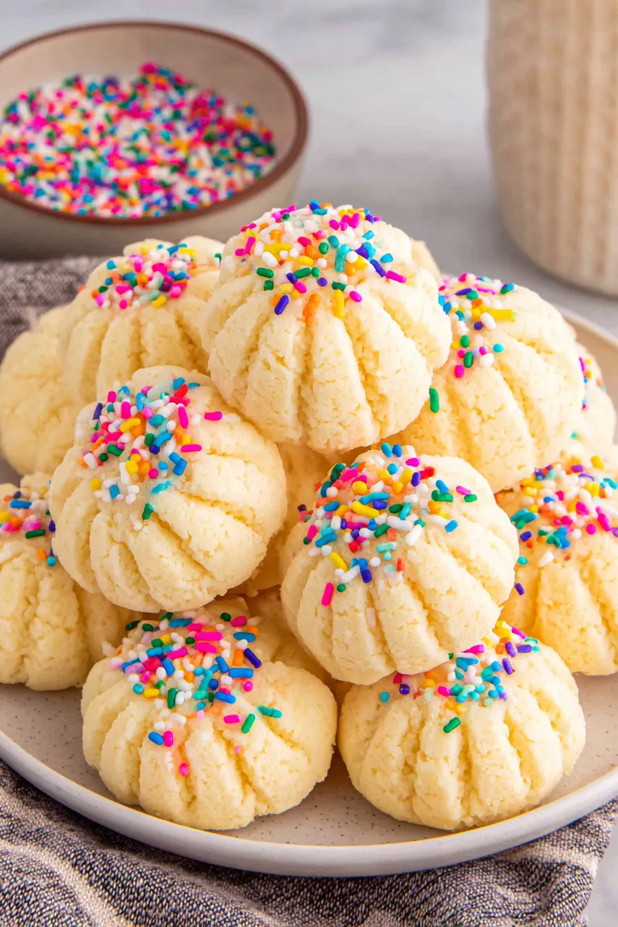 Whipped shortbread dough on a parchment-lined sheet