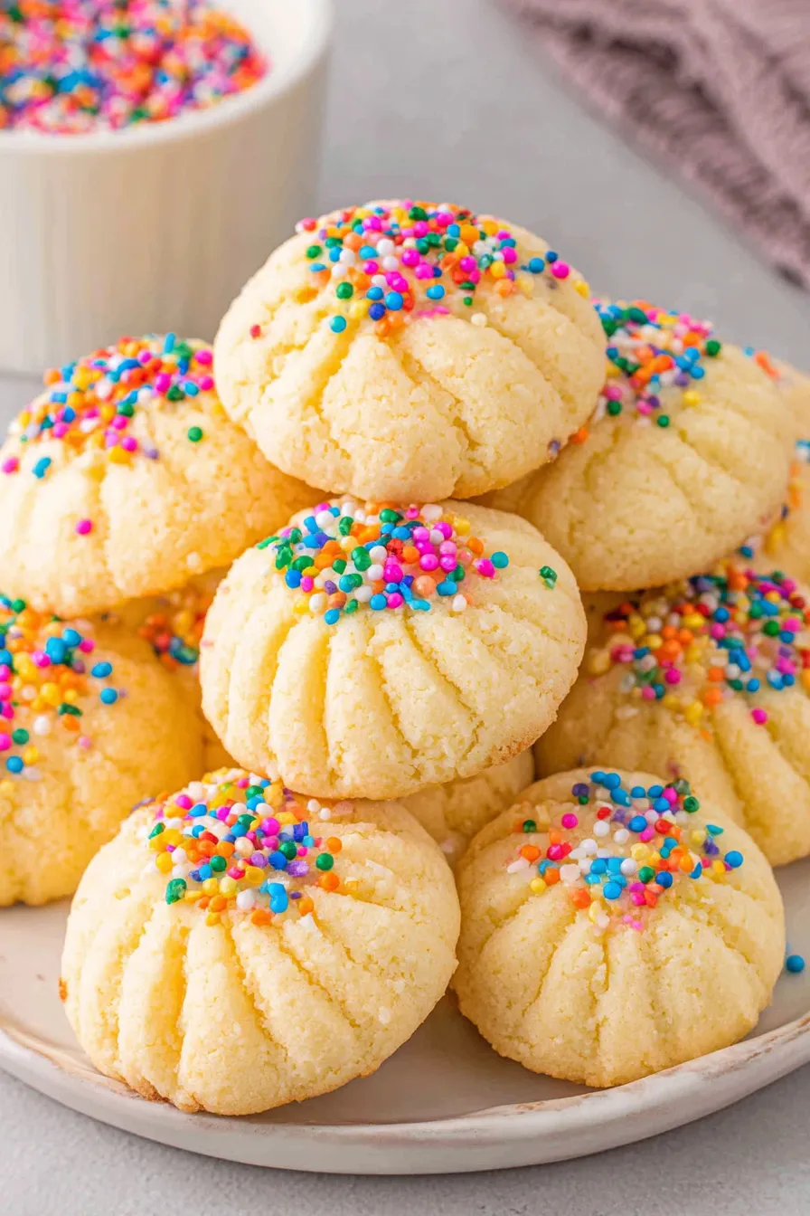Finished whipped shortbread cookies with sprinkles on a cooling rack