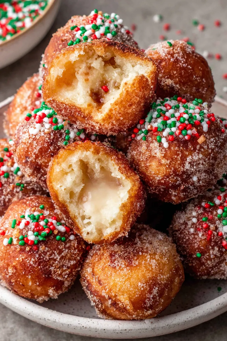 Freshly air-fried donut holes in a bowl, dusted with cinnamon sugar
