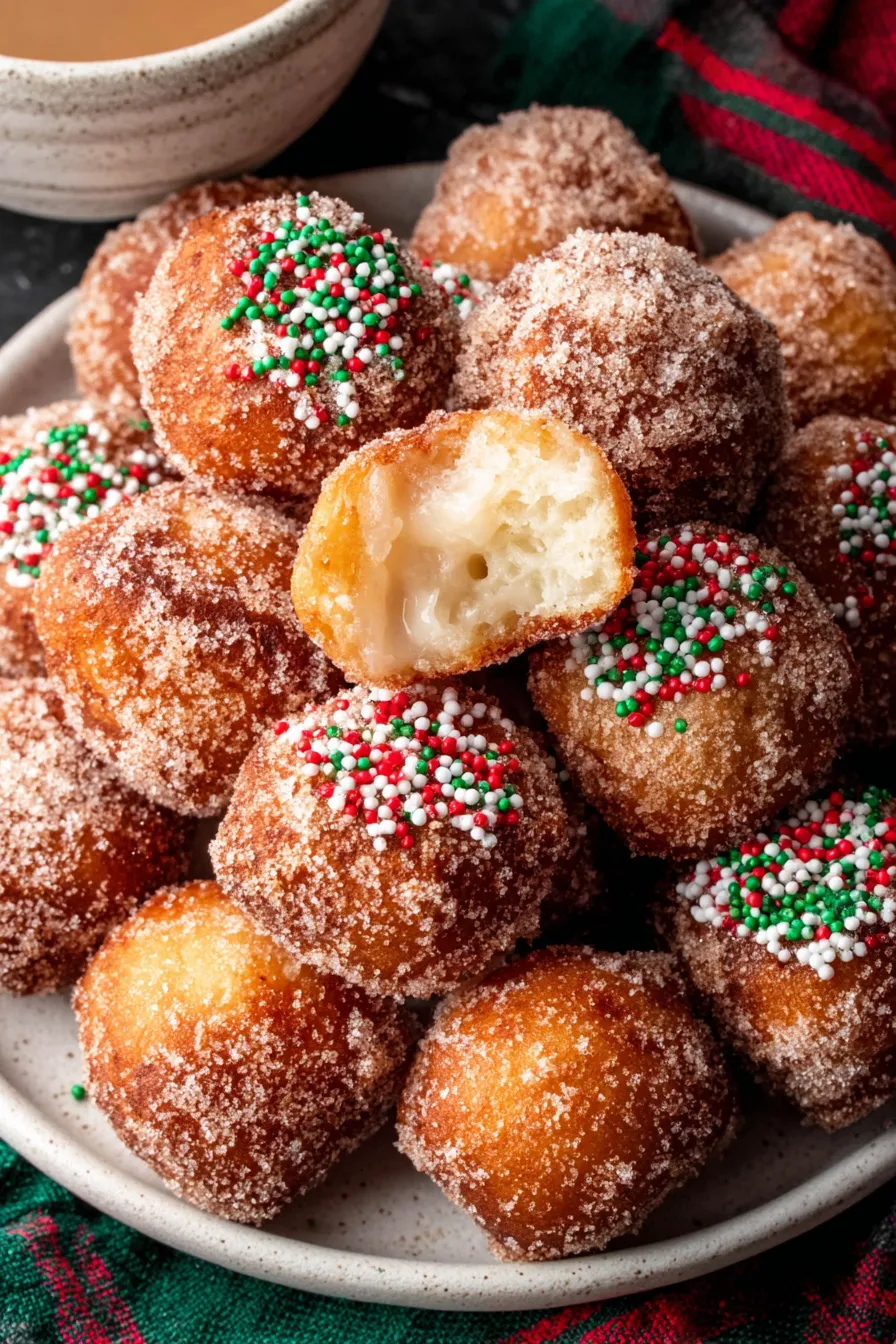 Cinnamon sugar-coated donut holes with holiday sprinkles on a wooden board
