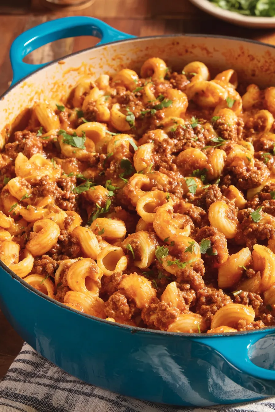 Serving bowl of Chili Mac and Cheese with cilantro and sour cream