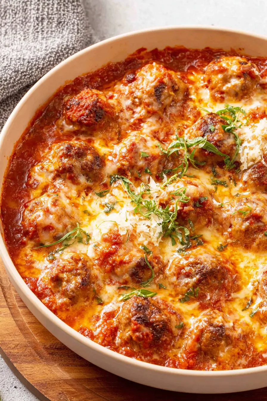 Baked meatballs in saucy skillet with melted cheese