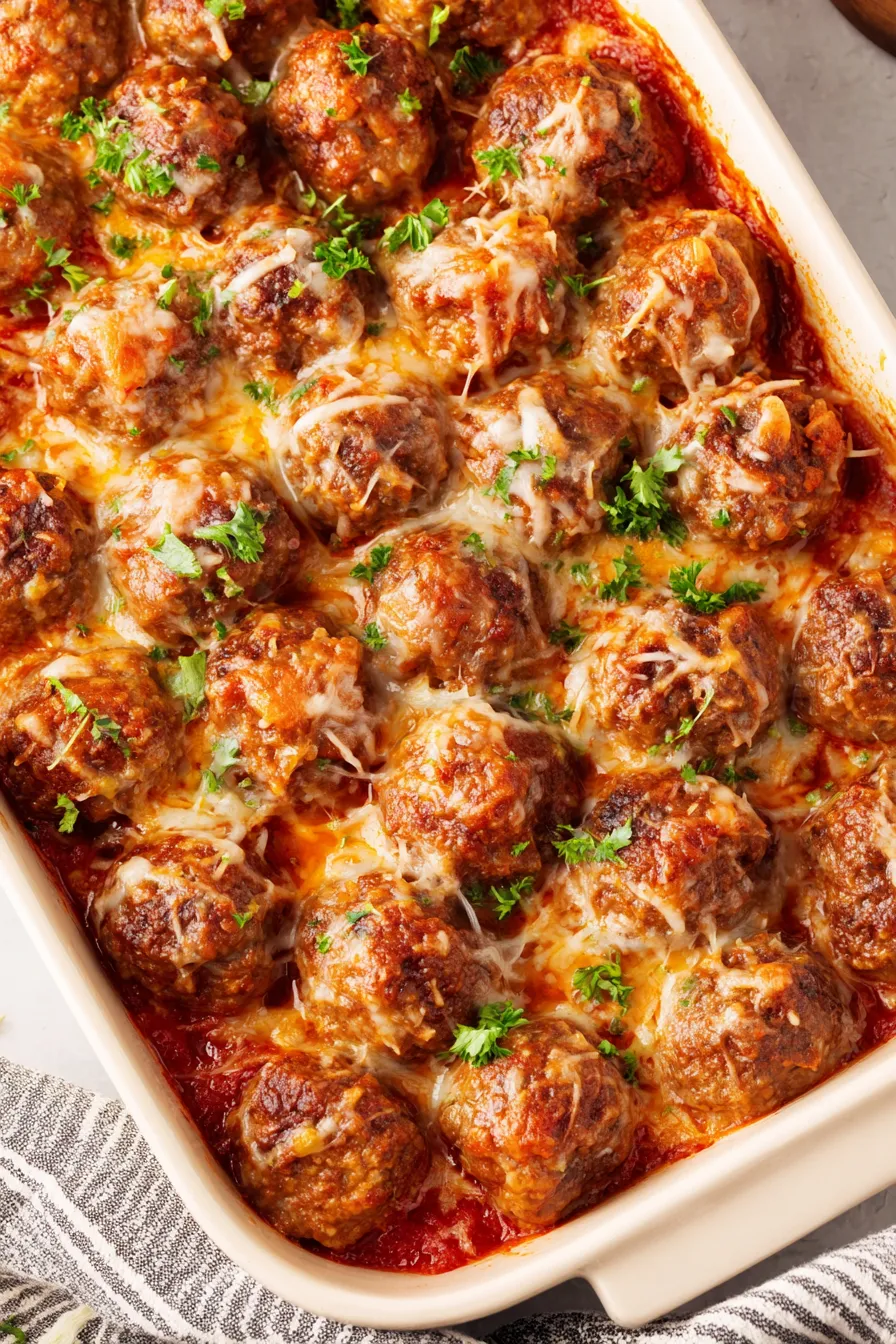 Close-up of saucy meatballs topped with melted cheese