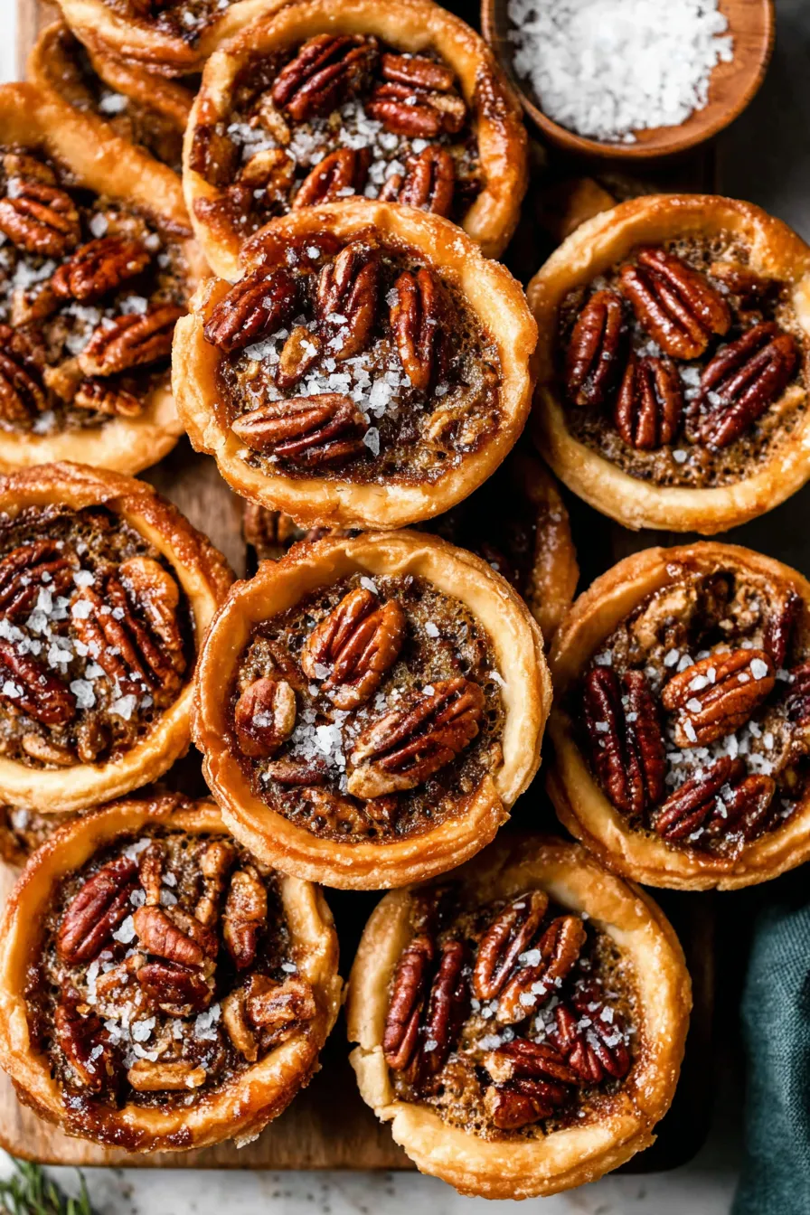 Mini pecan pies cooling in a muffin pan