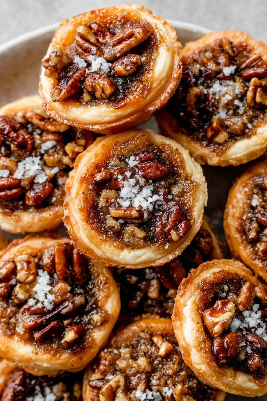 Close up of a mini pecan pie with flaky salt on top