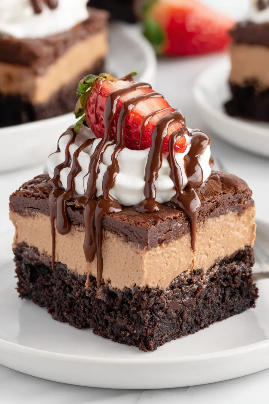 Close up of sliced chocolate mousse brownie