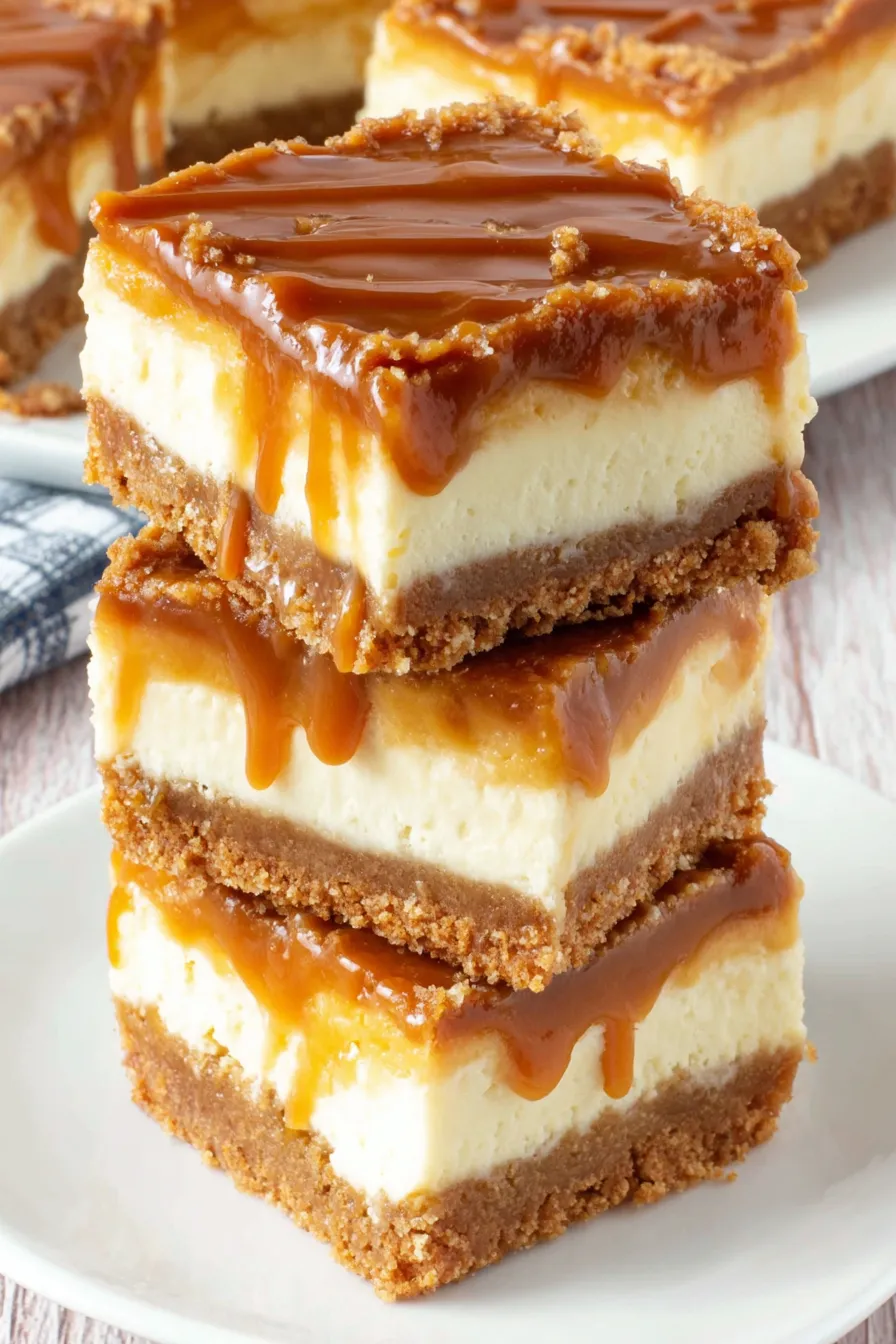 Baked cheesecake bars with caramel topping being spread
